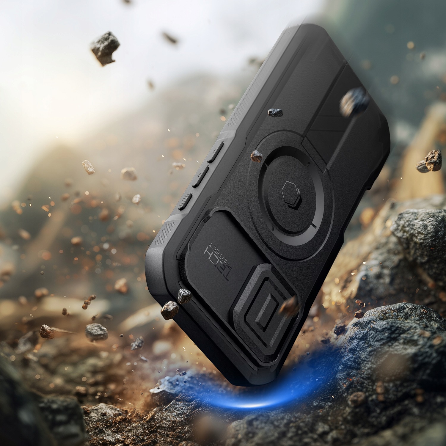 Etui Tech-Protect Kevlar MagSafe do iPhone 17 spadające na kamienie — grafika producenta ilustrująca test upadkowy