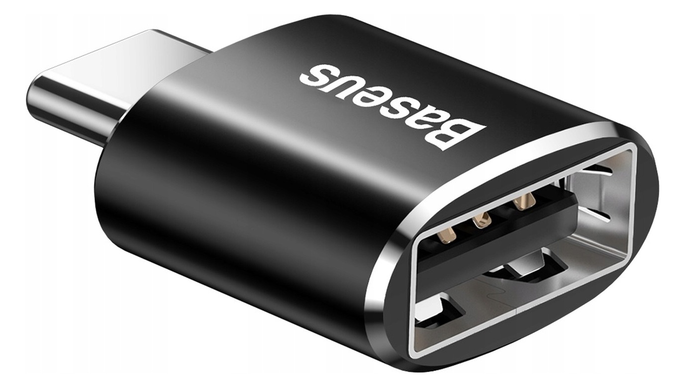 Adapter Baseus — wtyk USB-C i czarna aluminiowa obudowa, pionowo