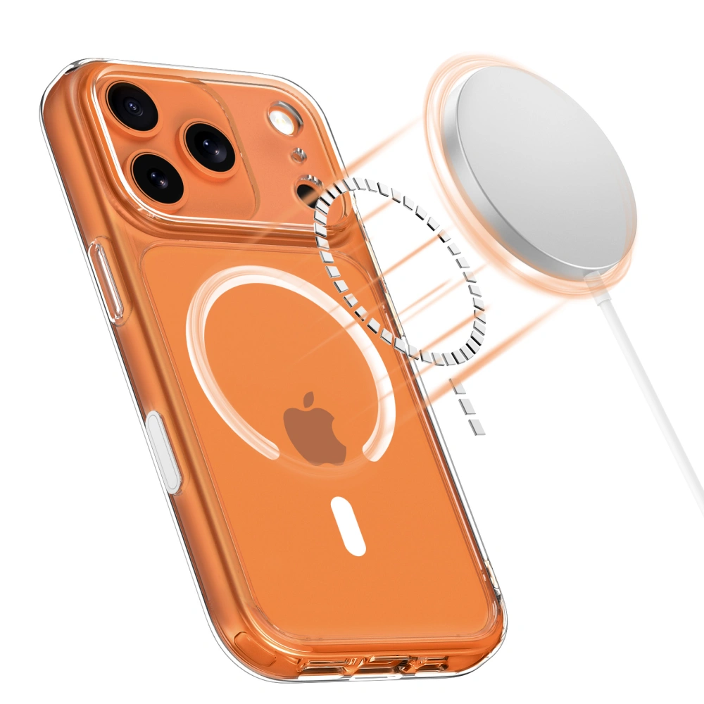 Tył iPhone 17 Pro w przezroczystym etui z pierścieniem MagSafe i przykładaną okrągłą ładowarką magnetyczną