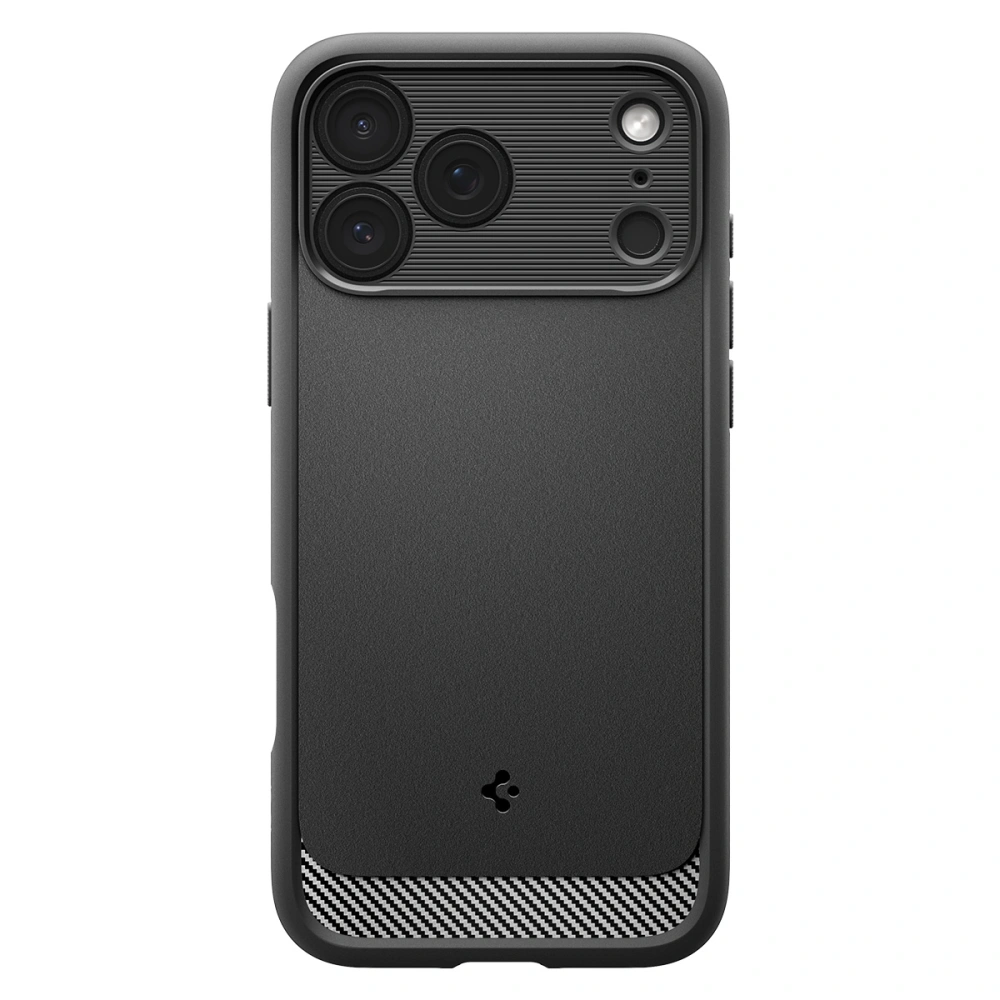 Tył iPhone 17 Pro w etui Spigen Rugged Armor MagSafe z matowym wykończeniem, logo Spigen i teksturowaną dolną częścią