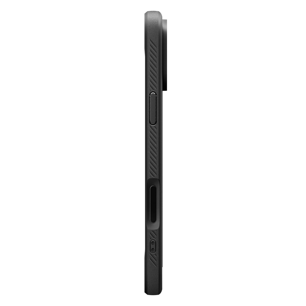 Boczny profil iPhone 17 Pro w etui Spigen Rugged Armor z widoczną osłoną krawędzi i podwyższeniem przy aparacie