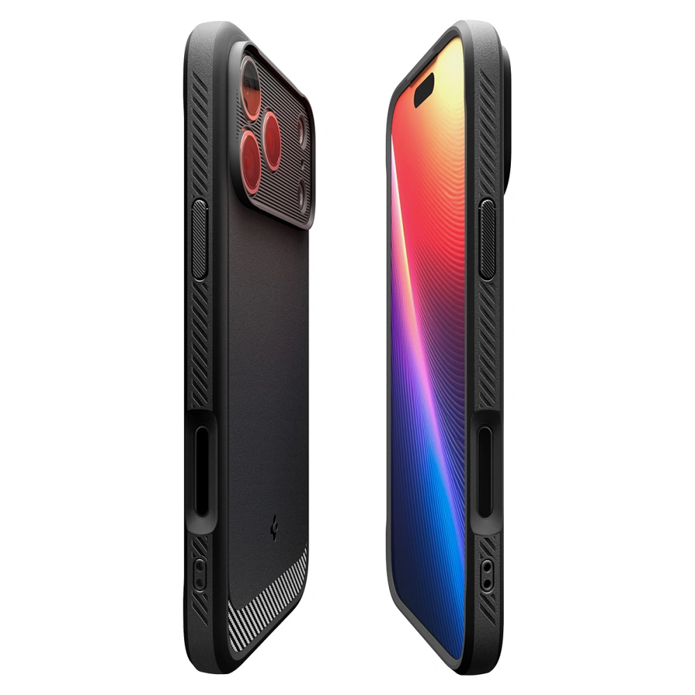 Dwa ujęcia iPhone 17 Pro w etui Spigen Rugged Armor MagSafe z widocznym tyłem, ekranem i krawędziami etui