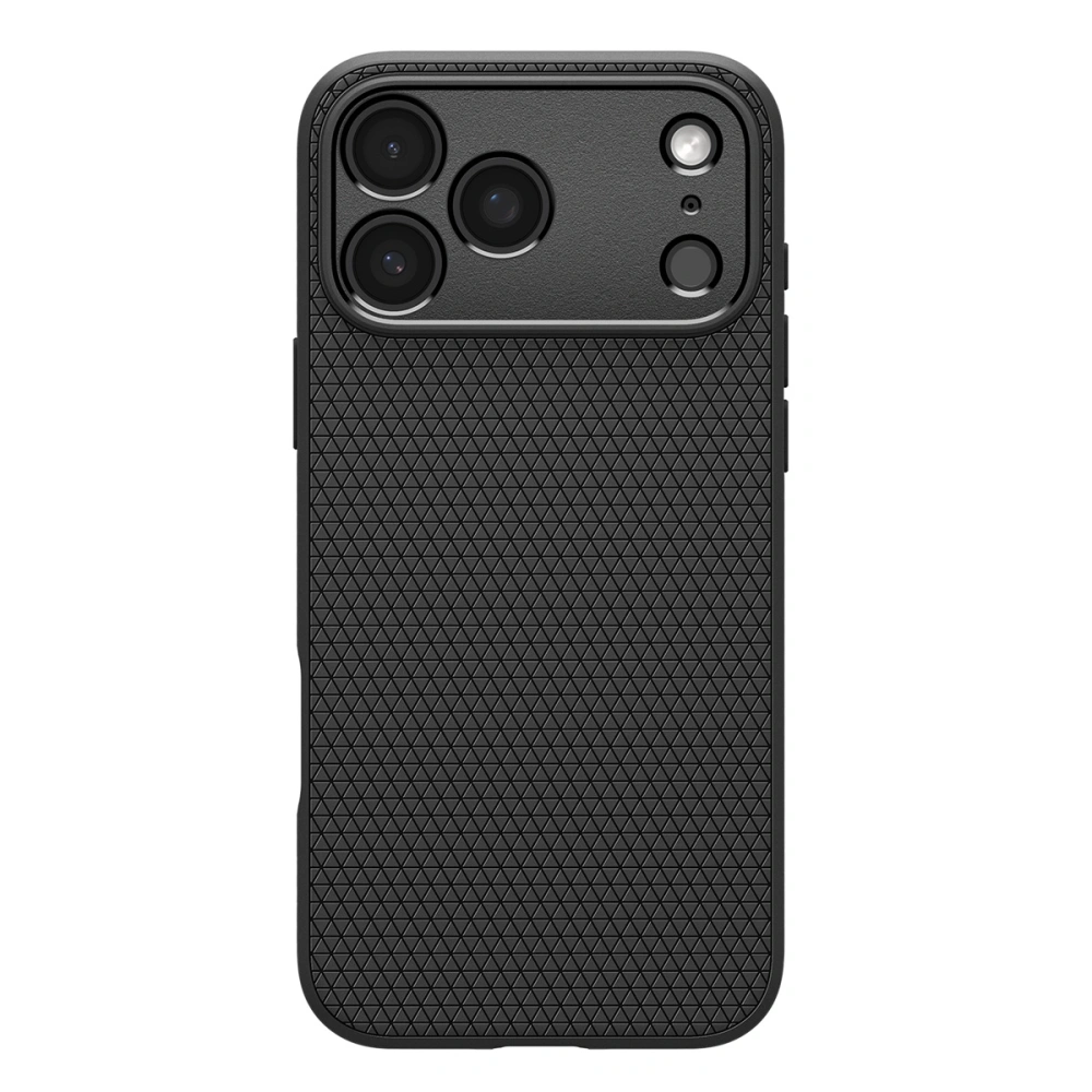 Tył iPhone 17 Pro w czarnym etui Spigen Liquid Air z drobną fakturą i wycięciem na aparaty