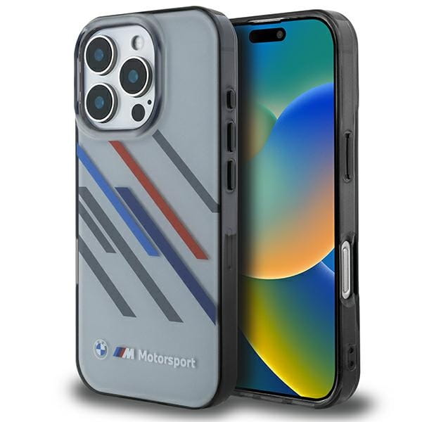 iPhone 16 Pro Max w szarym etui BMW Motorsport z ukośnymi paskami, widoczny tył telefonu i ekran