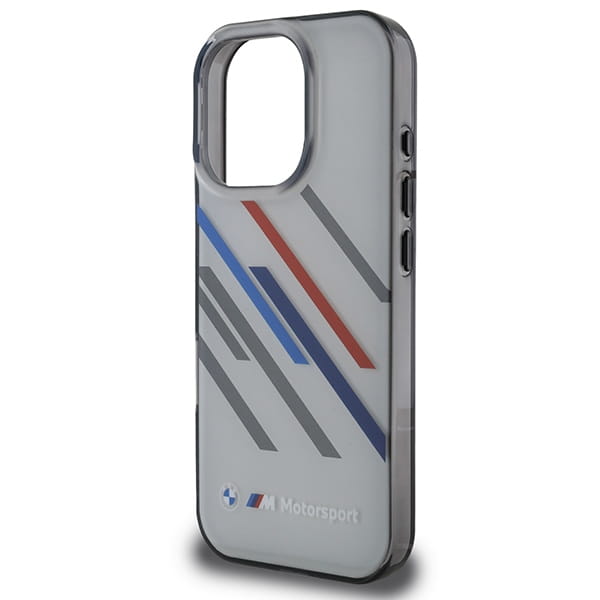 Szare etui BMW Motorsport do iPhone 16 Pro Max bez telefonu, z dużym wycięciem na aparat i bokiem z miejscem na przyciski