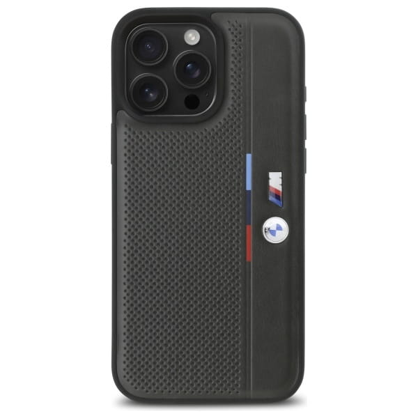 Tył ciemnoszarego etui BMW M do iPhone 16 Pro Max z wycięciem na aparat, perforowaną fakturą i pionowym detalem