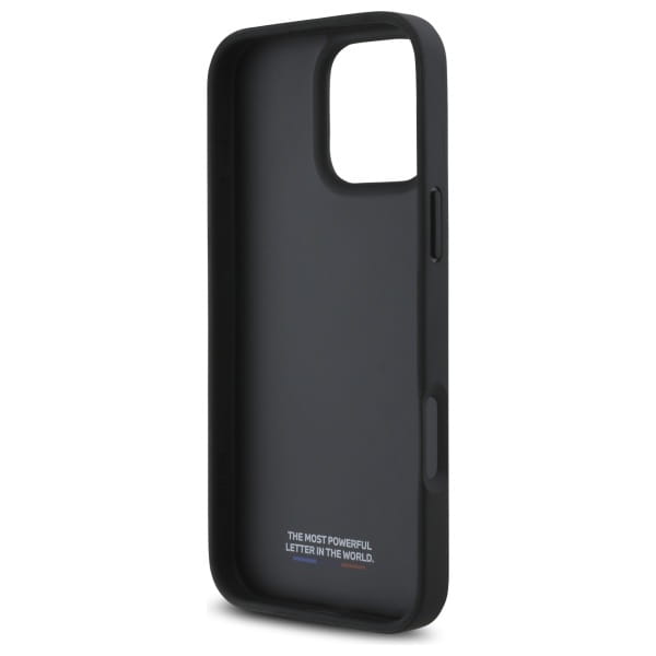 Wnętrze ciemnoszarego etui BMW M do iPhone 16 Pro Max z gładką powierzchnią i wycięciem na aparat