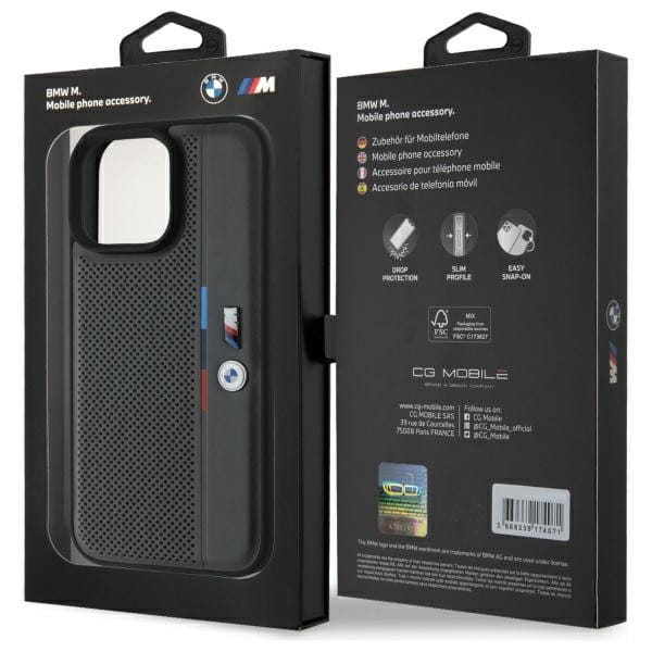 Opakowanie etui BMW M do iPhone 16 Pro Max pokazane z przodu i z tyłu z informacjami producenta