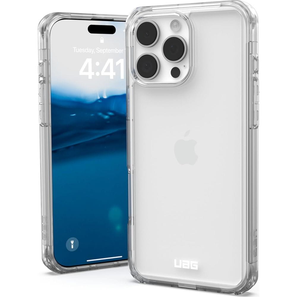 iPhone 16 Pro Max w przezroczystym etui UAG Plyo Ice pokazany z przodu i z tyłu