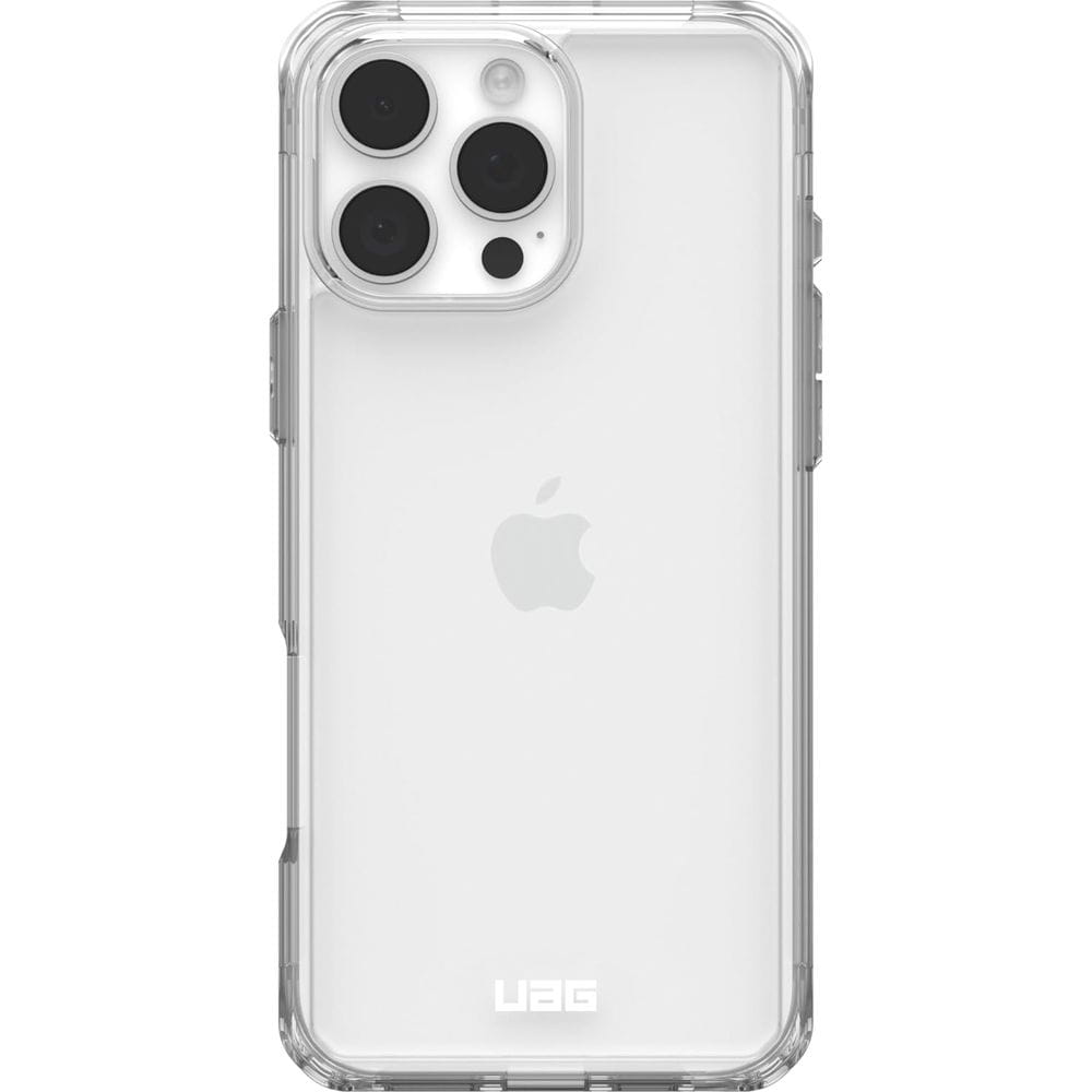Tył iPhone 16 Pro Max w przezroczystym etui UAG Plyo Ice z widocznym logo telefonu