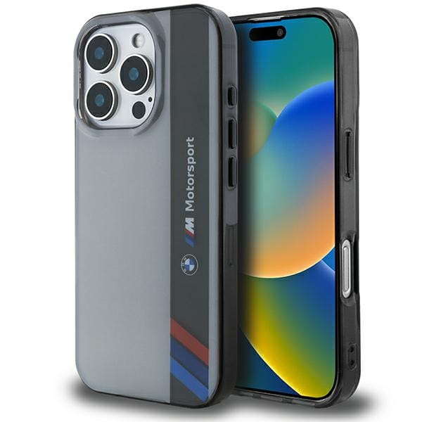iPhone 16 Pro Max w szarym etui BMW Motorsport Vertical Stripe z pionowym czarnym pasem i logo BMW