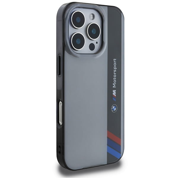 Boczny widok iPhone 16 Pro Max w etui BMW Motorsport Vertical Stripe z czarną ramką i osłonami przycisków