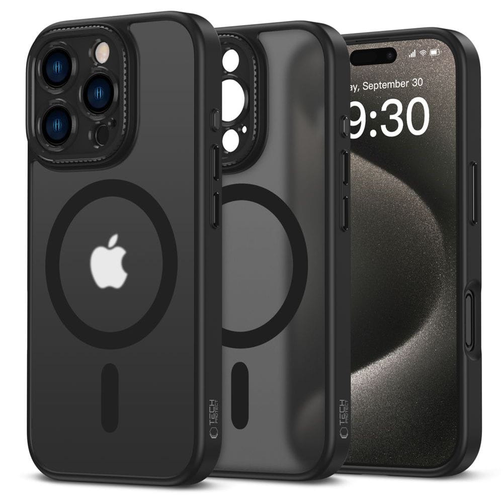 Trzy ujęcia iPhone 16 Pro Max w czarnym matowym etui Tech-Protect MagCam z ringiem MagSafe