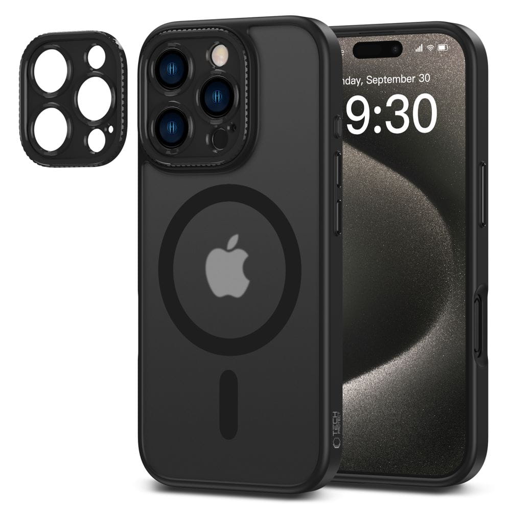iPhone 16 Pro Max w etui Tech-Protect MagCam oraz czarna ramka osłony aparatu z otworami