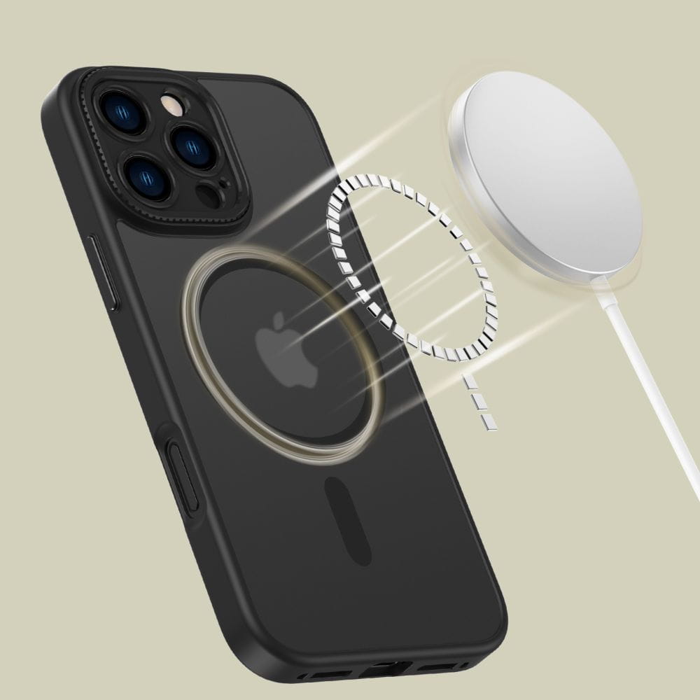 Tył iPhone 16 Pro Max w etui Tech-Protect MagCam z ringiem magnetycznym i grafiką ładowarki MagSafe