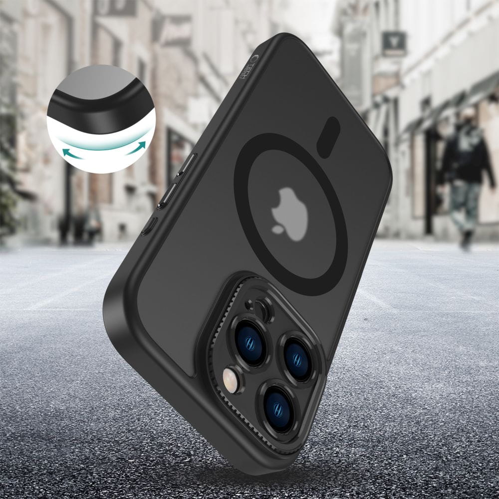 Czarne etui Tech-Protect MagCam na iPhone 16 Pro Max z powiększeniem podniesionego rantu wokół obudowy