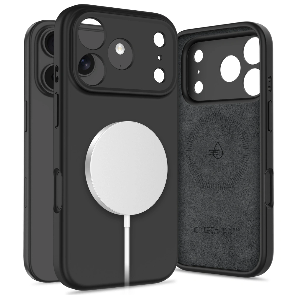 iPhone 17 Pro Max w czarnym etui Tech-Protect Silicone z podpiętą ładowarką MagSafe