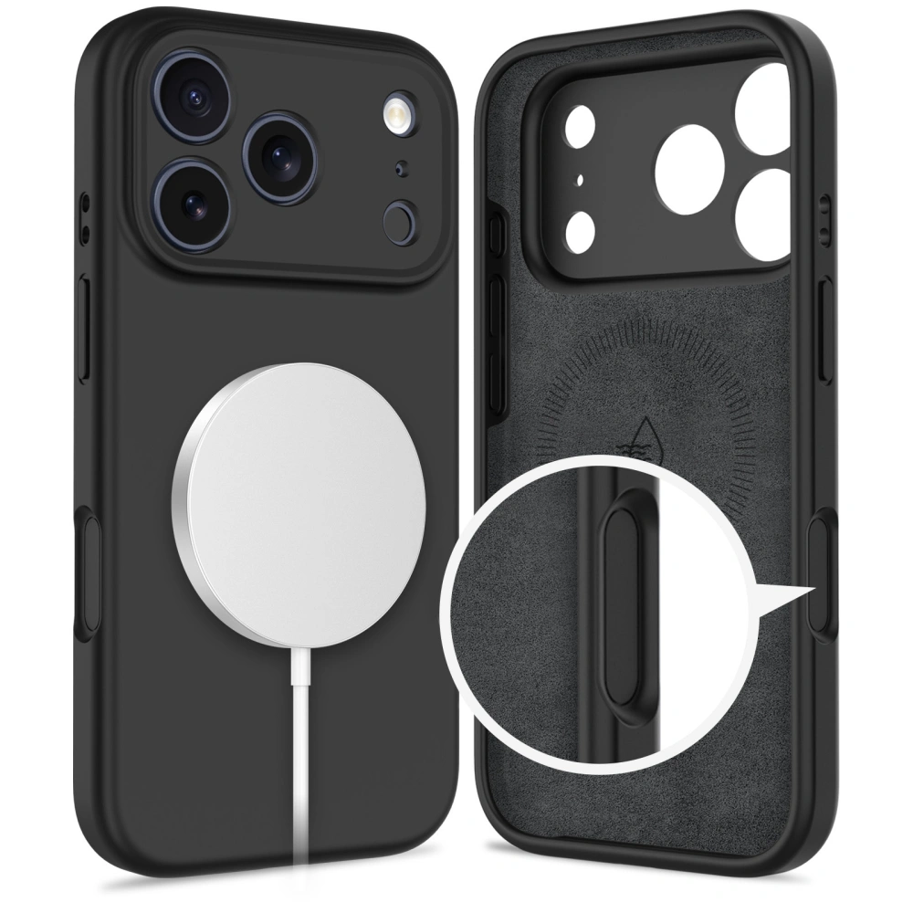 Wnętrze czarnego etui Tech-Protect Silicone do iPhone 17 Pro Max z mikrofibrą i oznaczeniem MagSafe