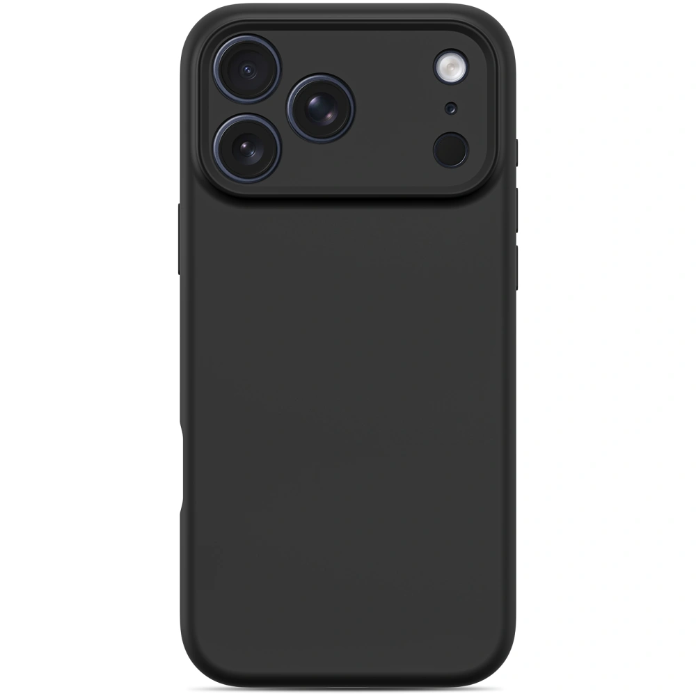 Tył iPhone 17 Pro Max w czarnym etui Tech-Protect Silicone z dużym wycięciem na aparat