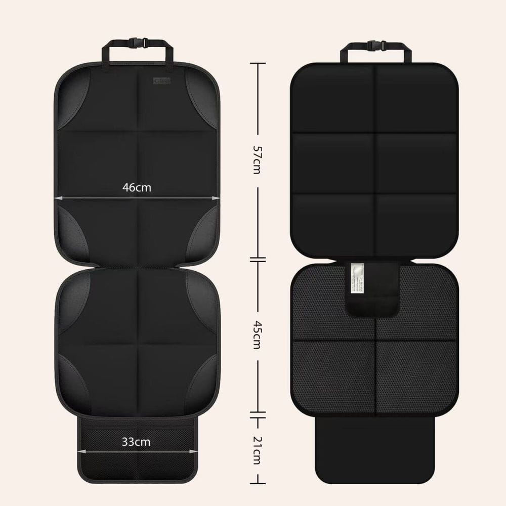 Grafika wymiarów pokrowca Tech-Protect UCA200: szerokość 46 cm, oparcie 57 cm, siedzisko 45 cm oraz kieszeń 33 × 21 cm; obok widok tyłu z siatkową kieszenią.