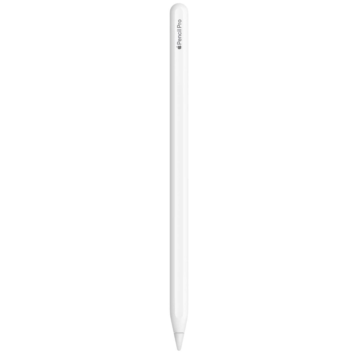 Apple Pencil Pro w kolorze białym na białym tle, ujęcie pionowe; końcówka w dół, napis Pencil Pro.