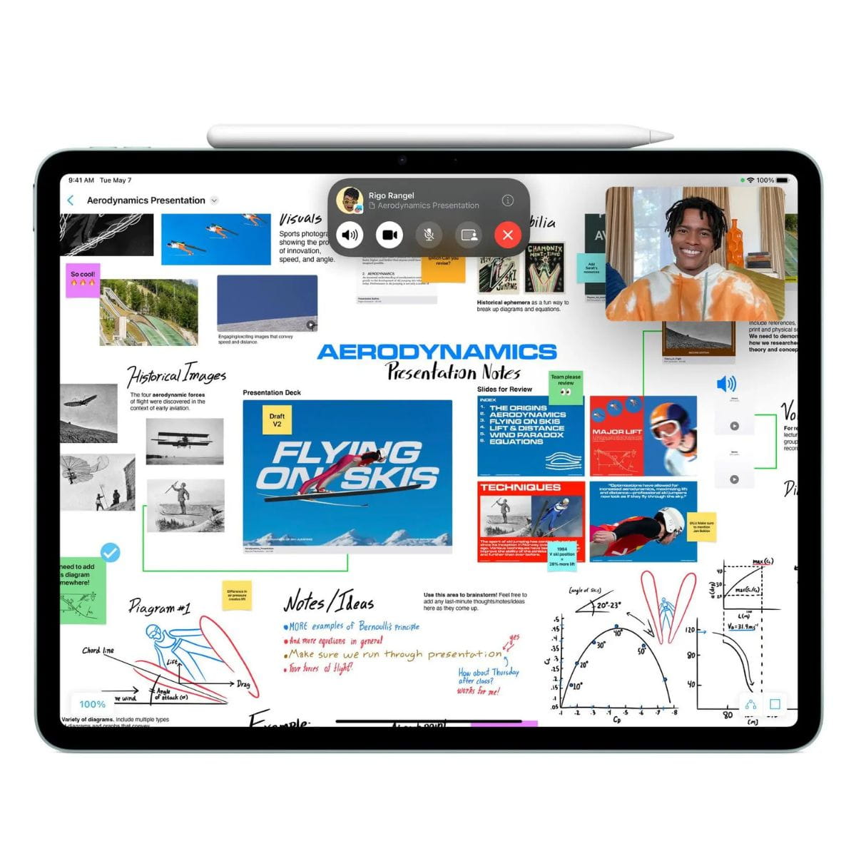 Apple Pencil Pro przypięty do górnej krawędzi iPada; ekran z notatkami i elementami rozmowy wideo.