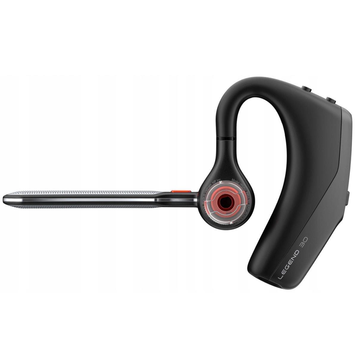 Profil słuchawki Legend 30: czarna obudowa, przezroczysta wkładka douszna z czerwonym pierścieniem