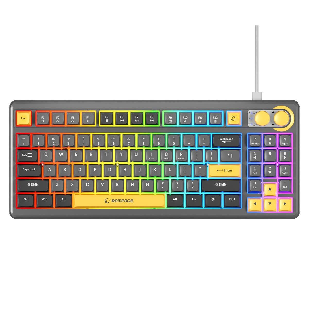 Klawiatura gamingowa USB-C Rampage Cyclone Knob RGB 90%, ANSI US
