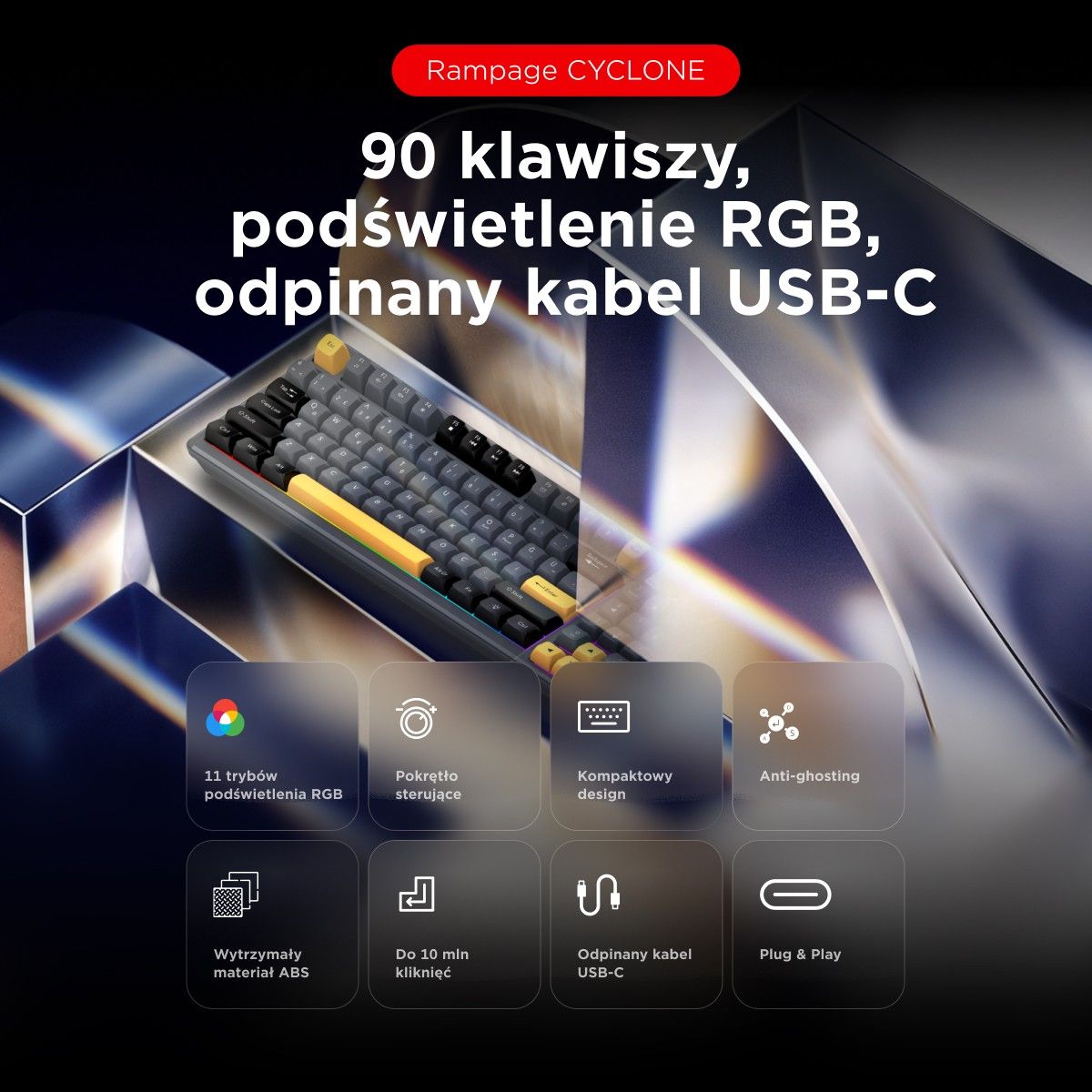 Grafika cech: 90 klawiszy, podświetlenie RGB i odpinany kabel USB-C; klawiatura na ciemnym tle