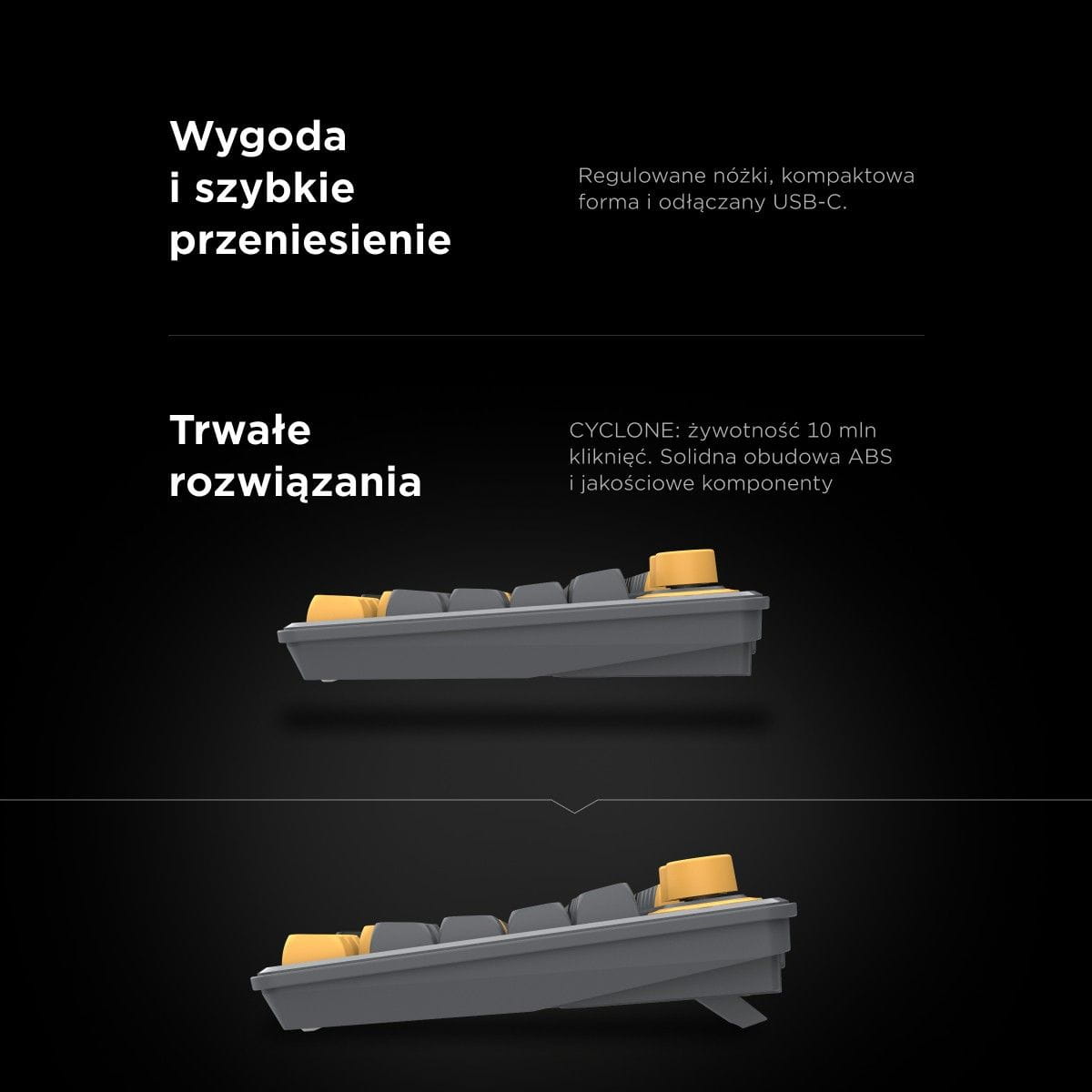 Grafika profilu klawiatury: dwa ustawienia regulowanych stopek i różne kąty nachylenia