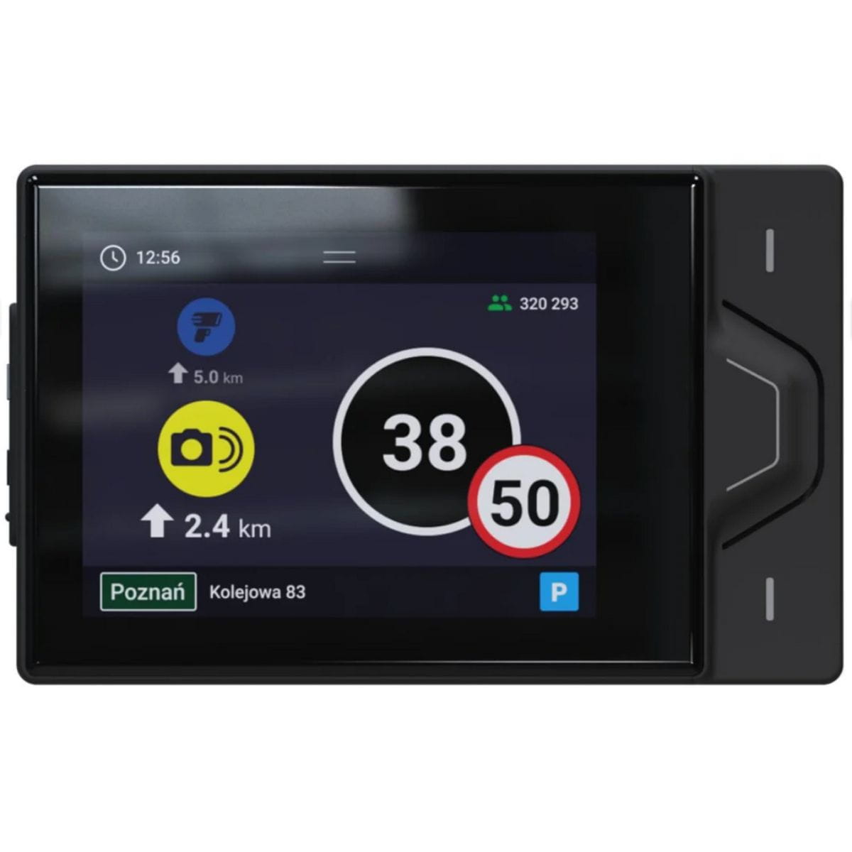 YANBOX Yanosik RS na białym tle, ekran 2,8” poziomo: prędkość 38, limit 50, ikony ostrzeżeń