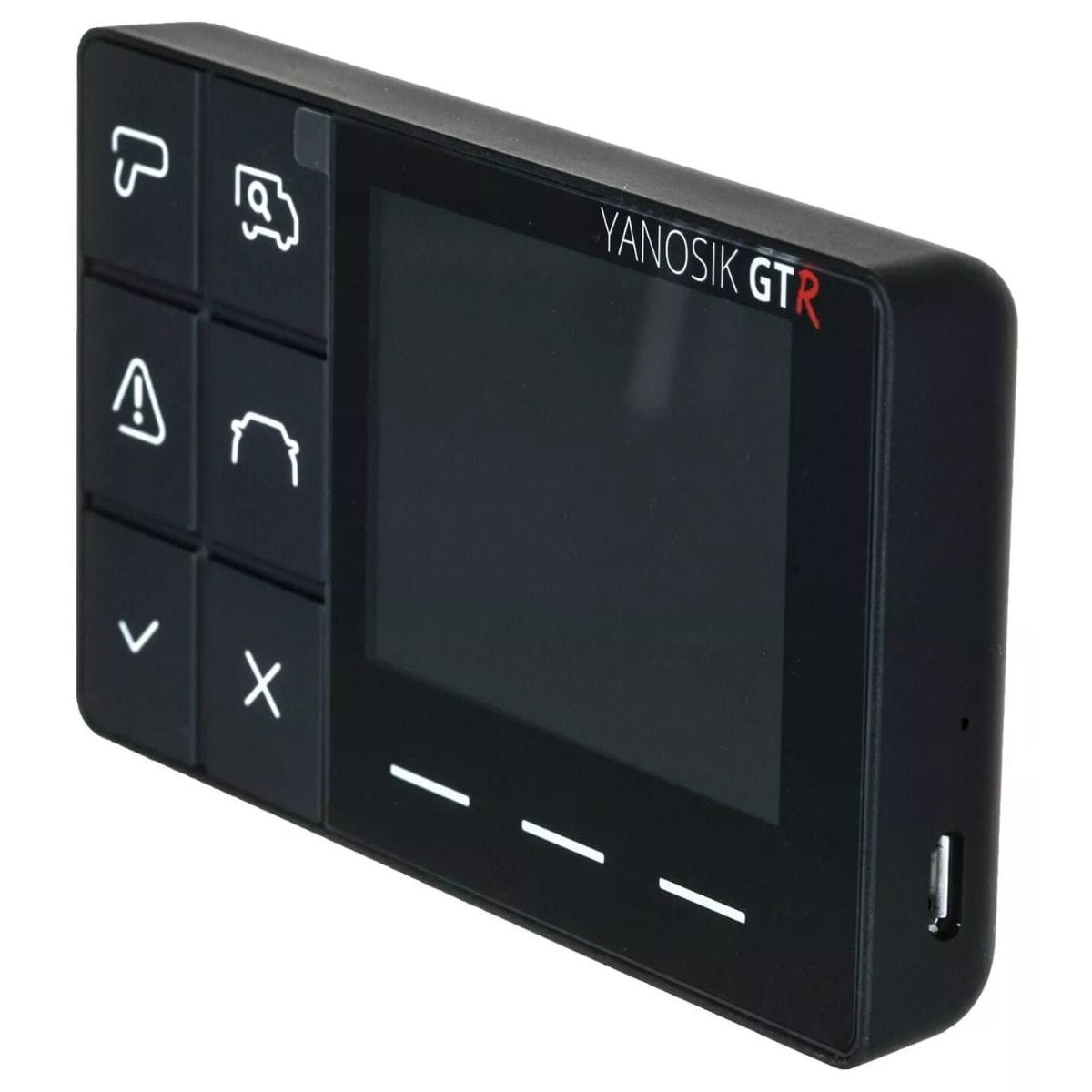 Skośne ujęcie Yanosik GTR z prawej strony; widoczny port microUSB i detale obudowy, ekran wygaszony.