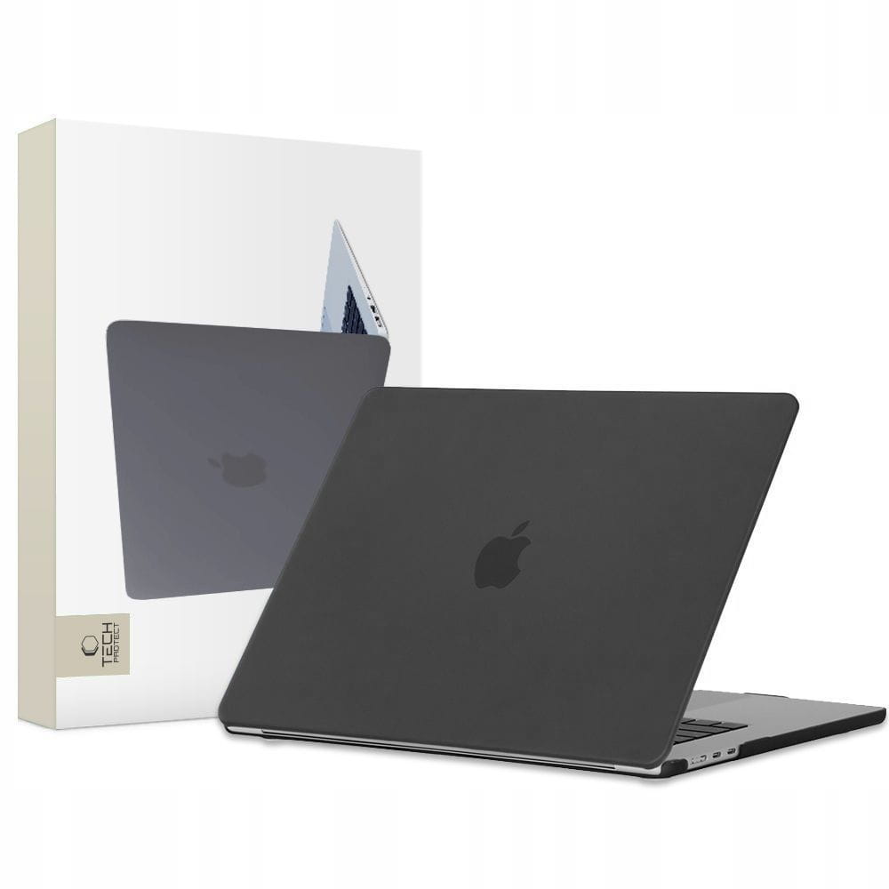 macbook air 13 w czarnym etui tech-protect smartshell obok opakowania produktu, packshot na jasnym tle