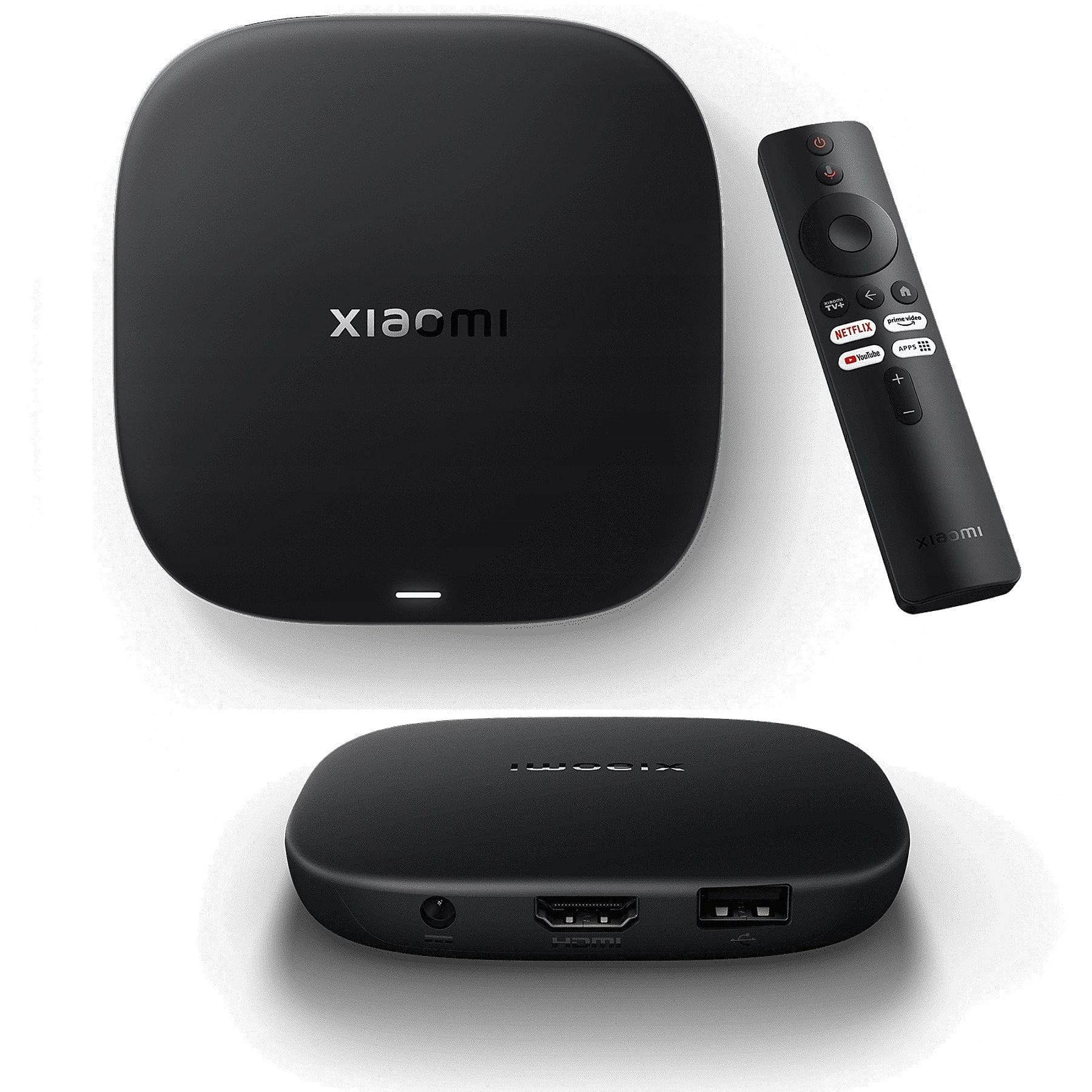 xiaomi tv box s 3. generacja i pilot bluetooth, widok z góry z ujęciem przedniej krawędzi urządzenia