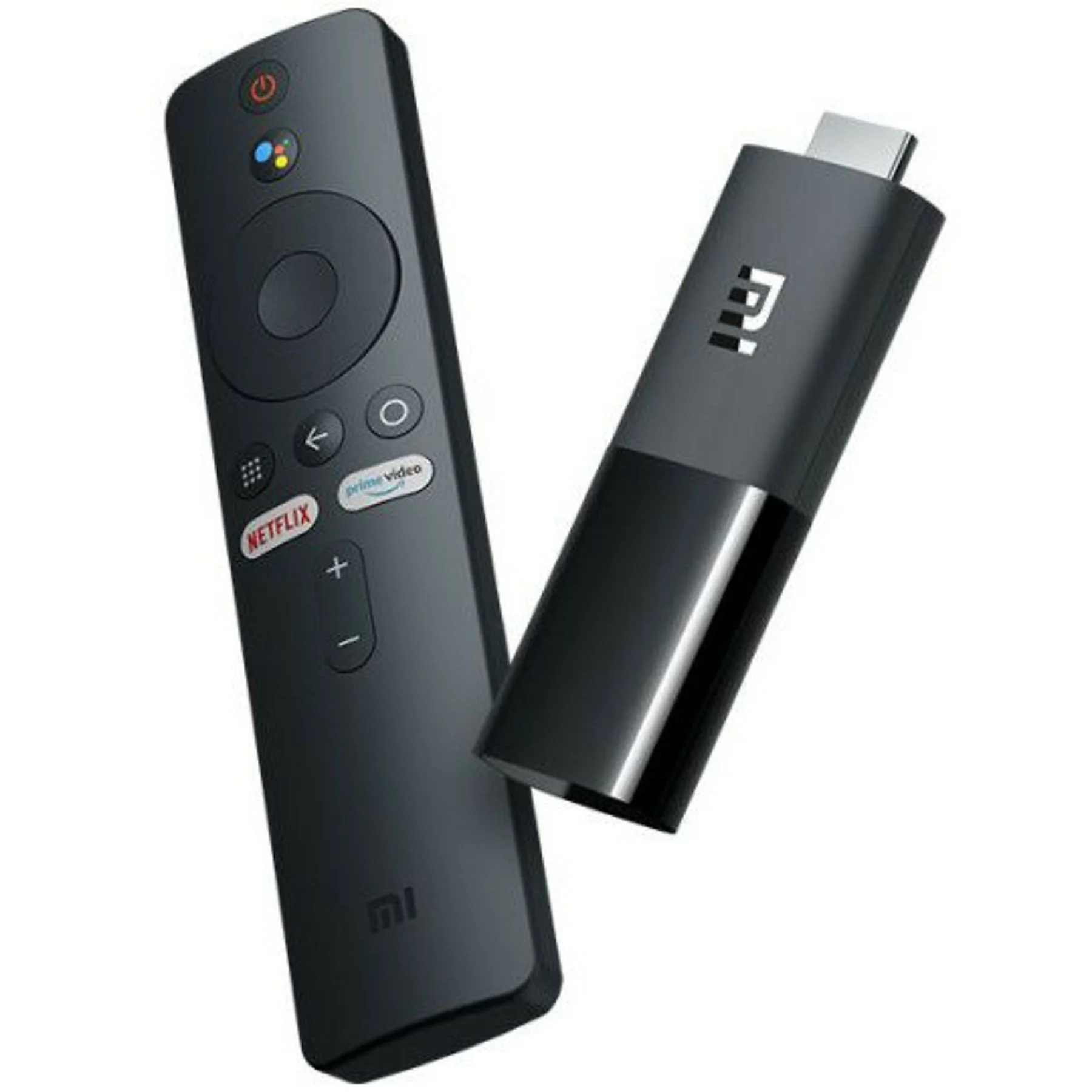 zestaw xiaomi mi tv stick z pilotem na jasnym tle, widoczne przyciski nawigacji oraz netflix i prime