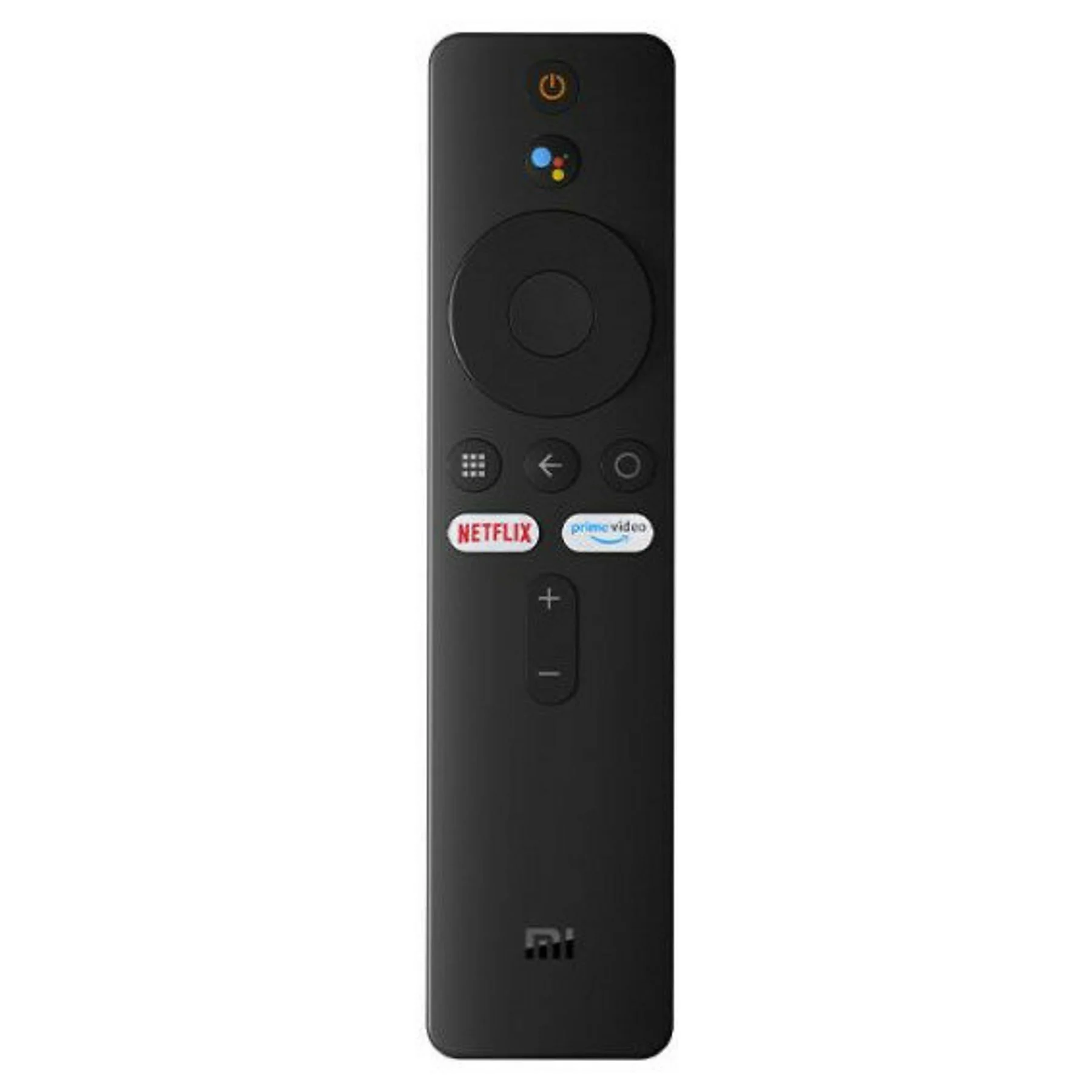 pilot do xiaomi mi tv stick na jasnym tle, widok z przodu z przyciskami nawigacji, netflix, prime i mikrofonem