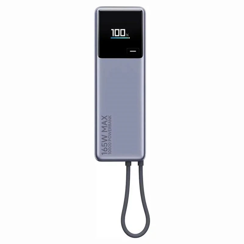 szary powerbank xiaomi pb1165mi z ekranem 100% na białym tle, zintegrowany kabel usb-c na pasku