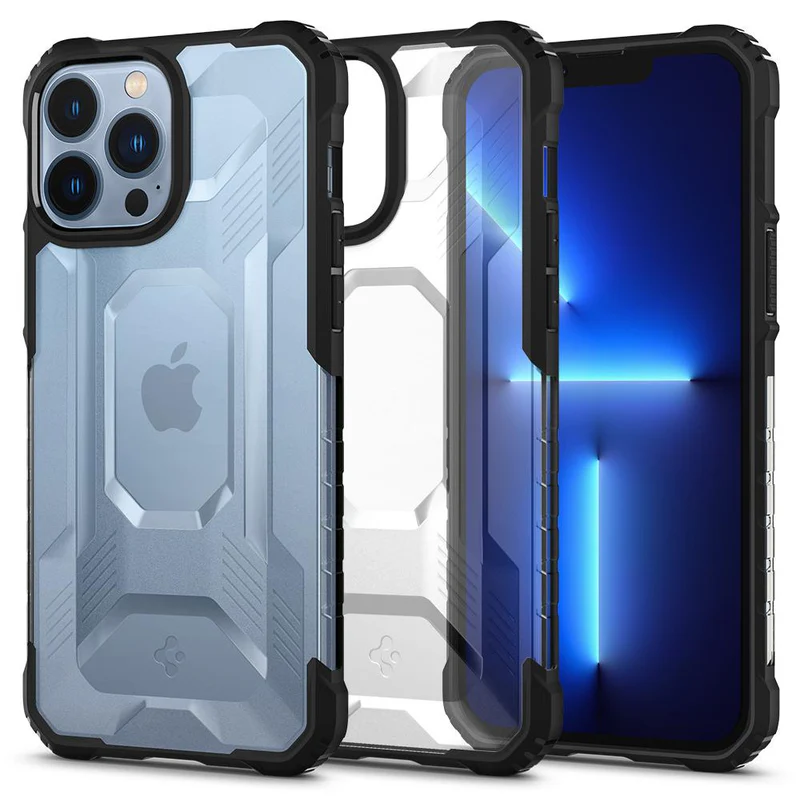 Przezroczyste etui Spigen Nitro Force z czarną ramką do iPhone 13 Pro Max, widok przodu i tyłu