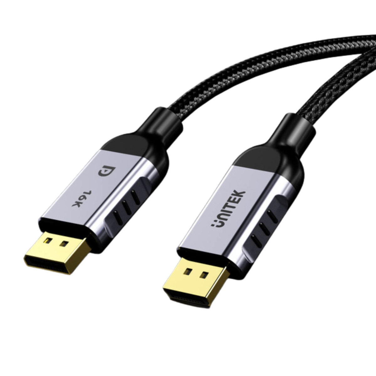 Dwa złącza kabla DisplayPort Unitek na białym tle, metalowe końcówki i czarny przewód