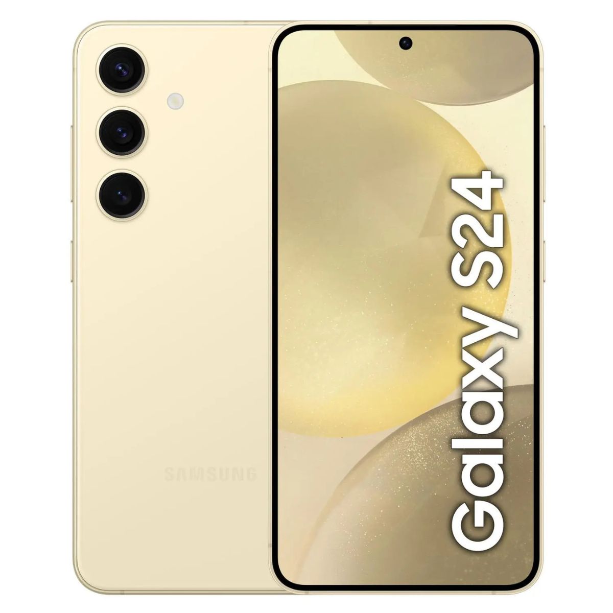 Samsung Galaxy S24 w kolorze żółtym pokazany z przodu i z tyłu