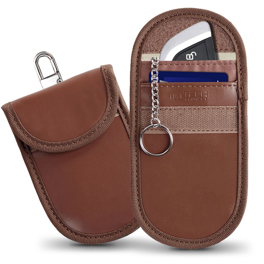 Brązowe etui Tech-Protect KLR100 z otwartą klapką, widoczną kieszenią i zapięciem na rzep