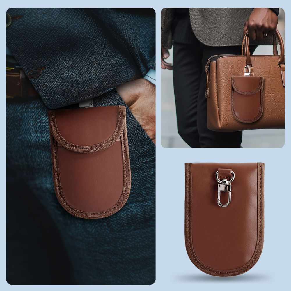 Brązowe etui Tech-Protect KLR100 przypięte karabińczykiem do kluczyka samochodowego