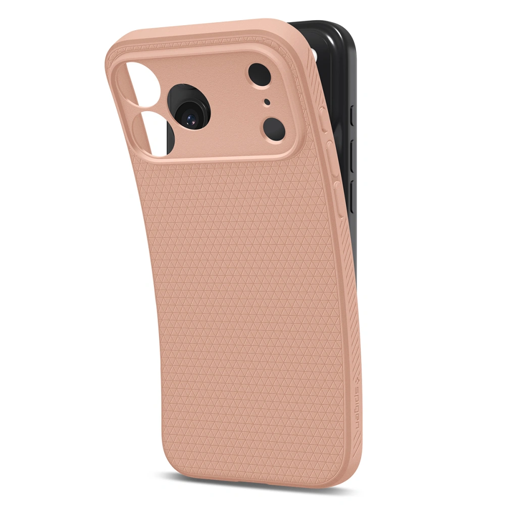 Etui Spigen Liquid Air Rose Titanium założone na iPhone 17 Pro Max z widocznym wycięciem na aparat