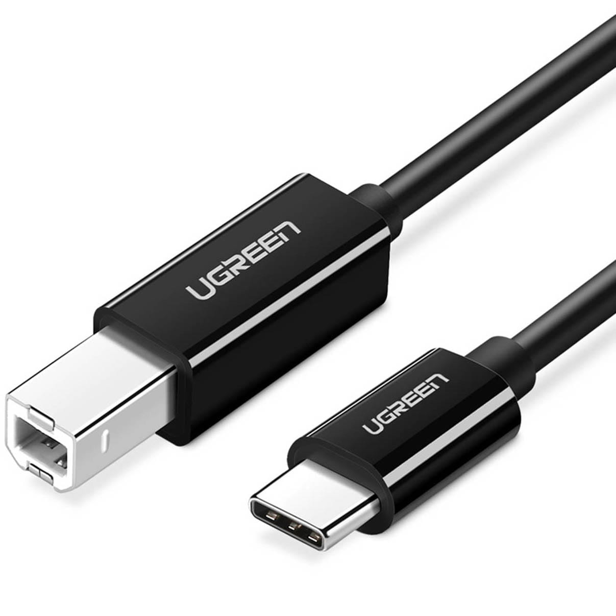 Kabel Ugreen US241 USB-C do USB-B w kolorze czarnym pokazany na białym tle