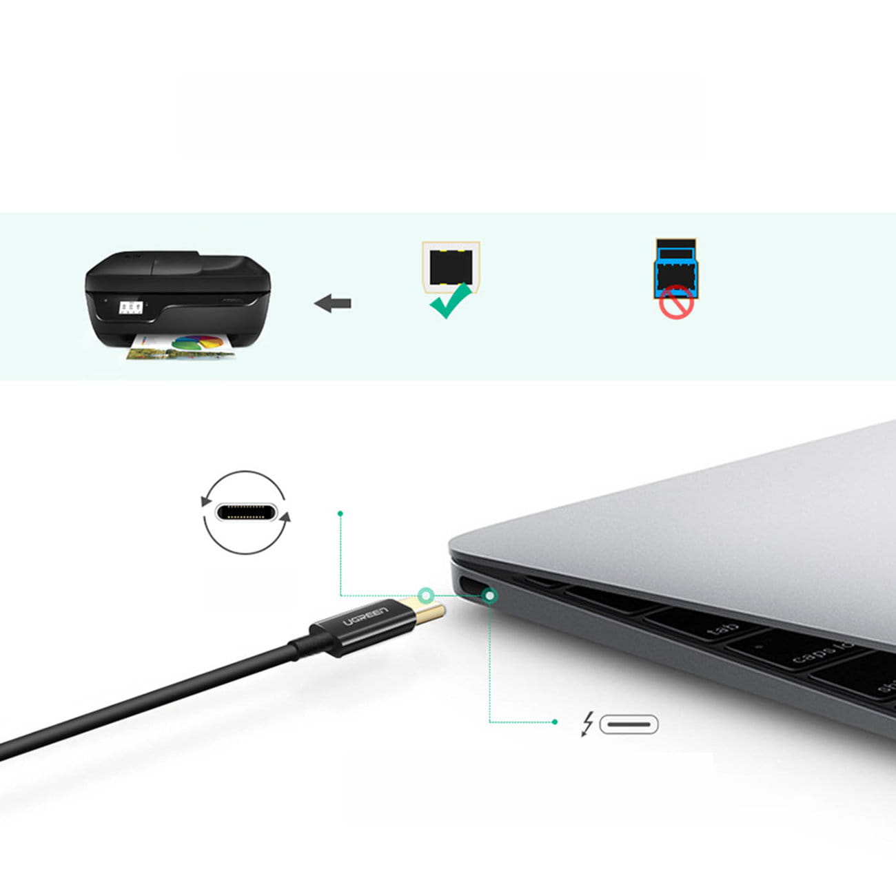 Kabel Ugreen US241 podłączony do laptopa przez złącze USB-C