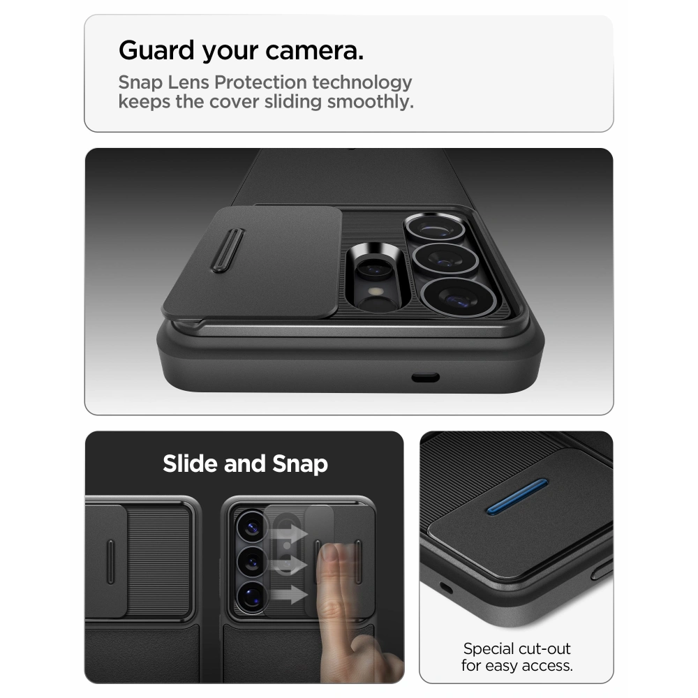 Etui Spigen Optik Armor do Samsung Galaxy S26 Ultra z rozsuniętą osłoną aparatu i widocznym modułem kamer