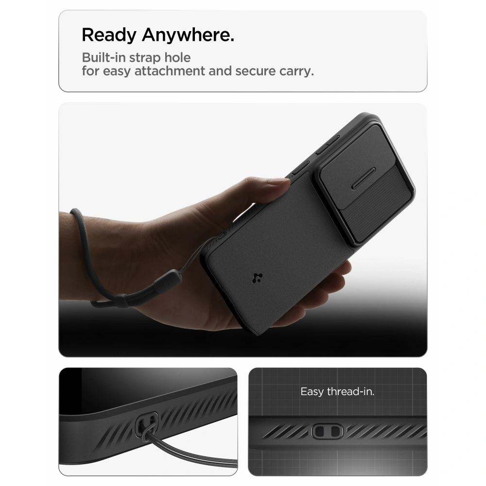 Etui Spigen Optik Armor do Samsung Galaxy S26 Ultra trzymane w dłoni z przypiętą smyczą