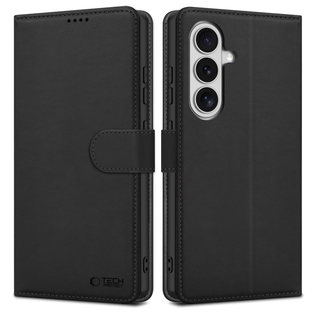 Czarne etui Tech-Protect Wallet do Samsung Galaxy S26 pokazane z przodu i z tyłu