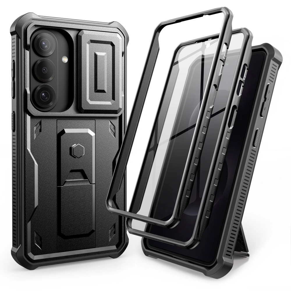 Czarne etui Tech-Protect Kevlar Cam+ do Galaxy S26 z dwiema przednimi ramkami i rozłożoną podstawką