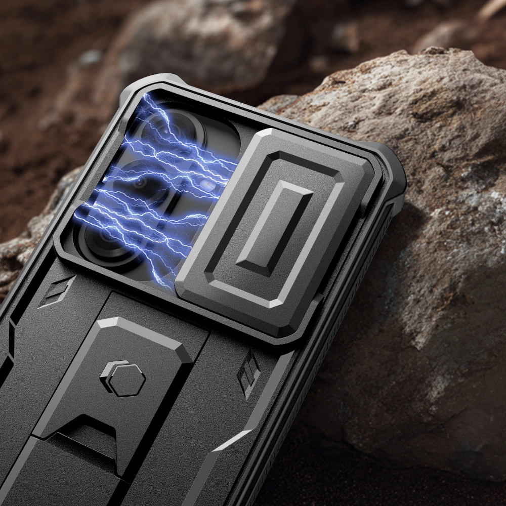 Zbliżenie na przesuwną osłonę aparatu w etui Tech-Protect Kevlar Cam+ do Galaxy S26